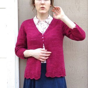 Berry Pink Cardigan Sweater, Lace Details, Hand Knit Merino Wool, Elegant Layer